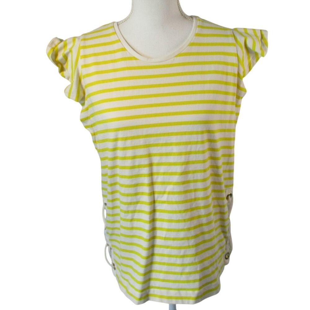 Ralph Lauren Women's Yellow & White Striped Cap Sleeve Cotton Shirt Size Large